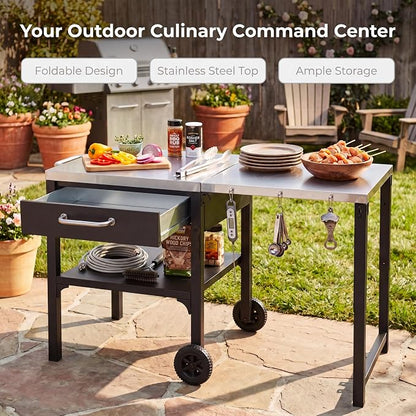 55” Outdoor Grill Table with Storage Cabinet & Folding, Metal | Stainless Steel Top Grill Cart for Kitchen with Wheels & Hooks, Kitchen Island Prep Table/Pizza Oven Table for BBQ Backyard