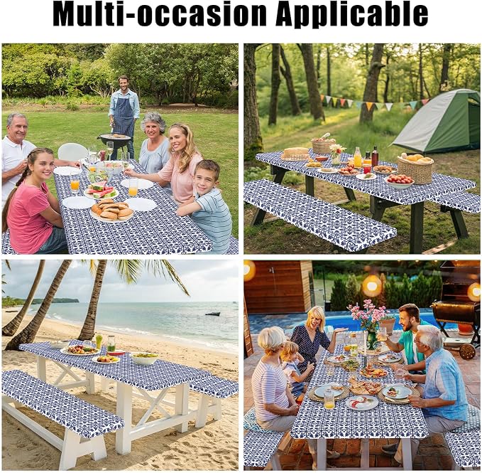 Smiry Picnic Table Cover with Bench Covers, Waterproof Elastic Fitted Tablecloth for 6 Foot Tables, Washable Polyester Tablecloths for Camping, Indoor & Outdoor (Indigo & White, 30x72 Inch 3-pc Set)