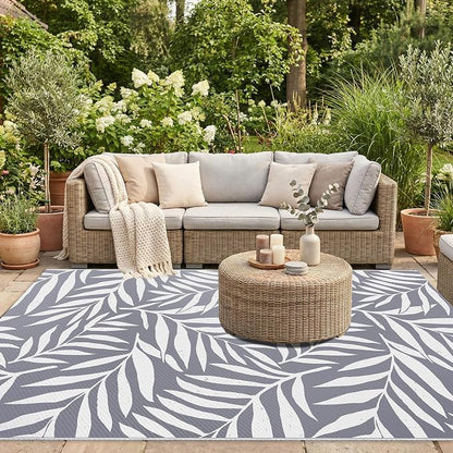Smiry Outdoor Rug 5x8 ft Waterproof Reversible Leaf Mat, Grey & White | Polypropylene Plastic Straw, Quick Drying, Lightweight Foldable, for Patio, Deck, RV Camping, Backyard and Indoor Outdoor Use