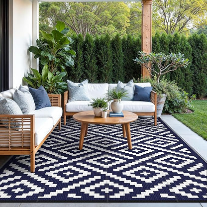 GENIMO Outdoor Rug, Waterproof Plastic Rugs for Patio, 8'x10' Blue White | Outside Larger Modern Carpet Mat for Porch Decor, Deck, Balcony, Camping, RV, Backyard, Picnic, Beach, Reversible, Foldable