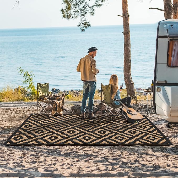 GENIMO Outdoor Rug, Waterproof Plastic Rugs for Patio, 5'x8' Black Brown | Outside Larger Modern Carpet Mat for Porch Decor, Deck, Balcony, Camping, RV, Backyard, Picnic, Beach, Reversible, Foldable