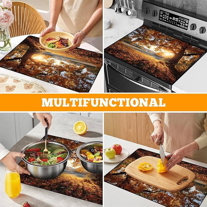 Multi-Design Stove Cover for Glass/Electric Stoves - 3-in-1 Heat-Resistant Protector Mat, Non-Slip Drying Rack 28"x20"