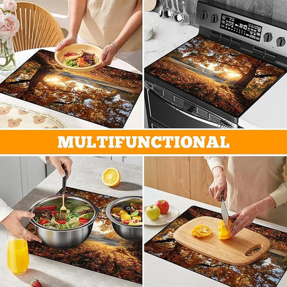Multi-Design Stove Cover for Glass/Electric Stoves - 3-in-1 Heat-Resistant Protector Mat, Non-Slip Drying Rack 28"x20"
