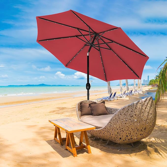 YSSOA 9' Solar Umbrella 32 LED Lighted Patio Umbrella Table Market Umbrellas with Push Button Tilt/Crank Outdoor for Garden, Deck, Backyard and Pool, Red