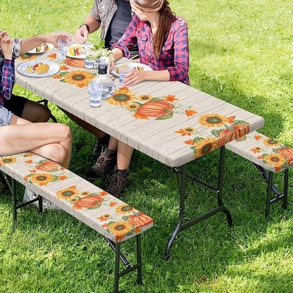Fall Picnic Table Cover for Outdoor Camping Thanksgiving Pumpkin Sunflower Stripes Elastic Fitted Table Cloth for Camping Party Supplies 3 PCS Set