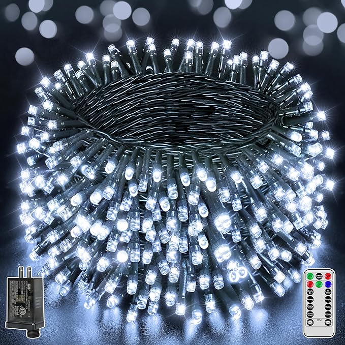 BrightChristmas 1000 LED 328 FT Outdoor String Lights with Remote and Timer, Dimmable with 8 Modes, Waterproof, Cool White Fairy Lights for Christmas Tree & Holiday Decor