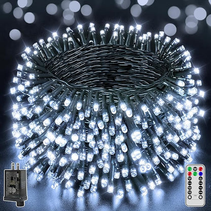 BrightChristmas 1000 LED 328 FT Outdoor String Lights with Remote and Timer, Dimmable with 8 Modes, Waterproof, Cool White Fairy Lights for Christmas Tree & Holiday Decor