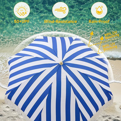 6.5FT Boho Patio Umberlla with Fringe,UPF50+ Outdoor Umbrella with Fiberglass Ribs and Push Button Tilt,Tassels Umbrella for Beach,Terrace,Picnic