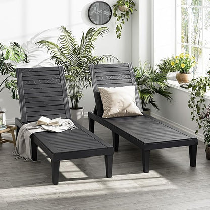 Outdoor Lounge Chairs Set of 2, 5-Position Adjustable Tanning Chairs with Wood Grain, All-Weather Resin Patio Recliners for Pool, Garden, Deck, Beach, Patio Lounge Chairs, Texture Black