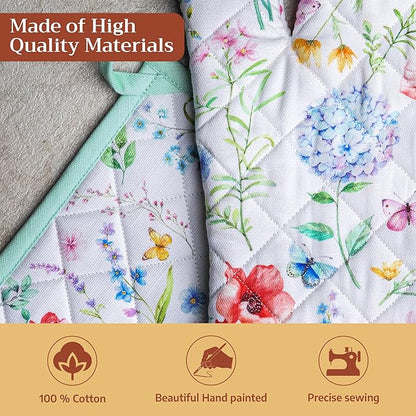 Maison d' Hermine 100% Cotton Oven Mitt & Pot Holder Set (7.5"x13" & 8"x8") Heat Resistant BBQ Cooking Gloves with Loop Baking Grilling Kitchen Hotel Home Farmhouse Spring Summer (Just Floral)