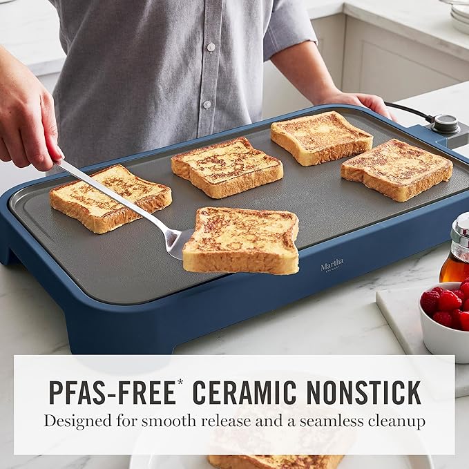 Martha Stewart 12” x 22” Electric Griddle, XL Ceramic Nonstick Flat Top Cooking Surface, Adjustable Temperature Dial, Drip Tray, Dishwasher Safe, 1500W Fast Even Heating, Pancakes & Eggs, Indigo Blue