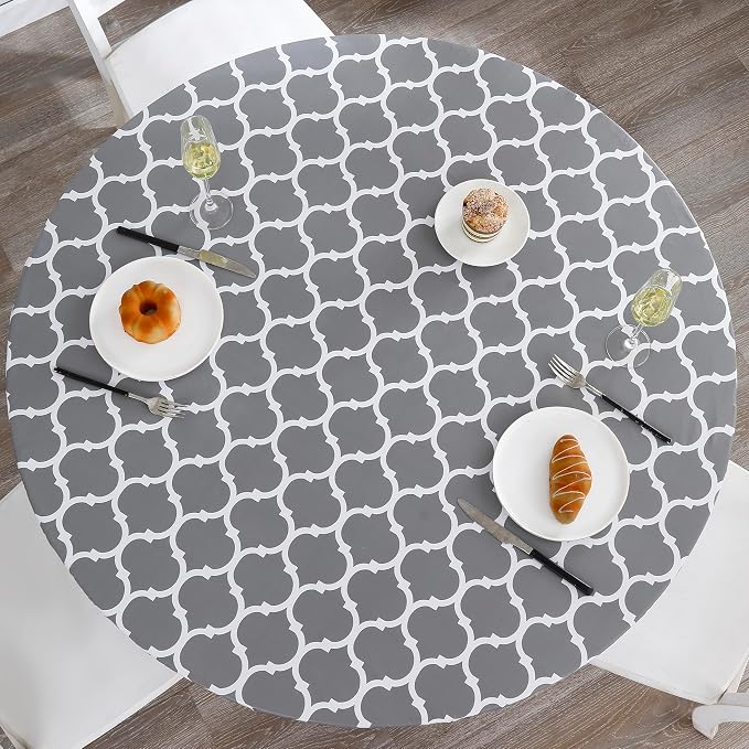 Walrus Round Vinyl Fitted Tablecloth with Flannel Backing Elastic Edge Design Table Cover Waterproof Oil-Proof PVC Table Cloth Stain-Resistant Best for 45"-56" Round