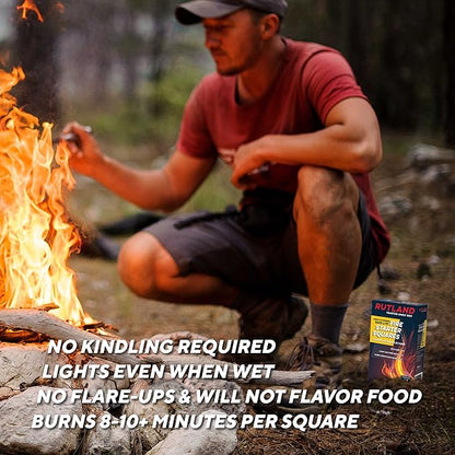 Rutland Safe Lite Fire Starter Squares - Heavy Charcoal Starters for Fireplace, Grill Pit, BBQ & Campfires - USA-Made Camping Accessories - Odorless Long Burn - 24 Squares