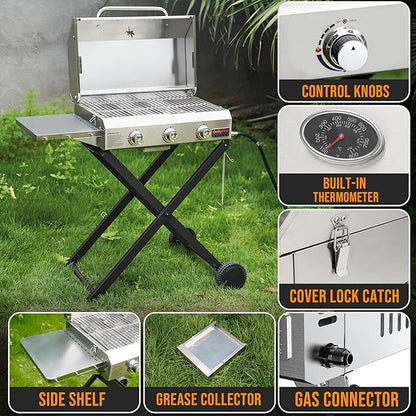 BBQ Gas Grill 3-Burner with Foldable Cart & Side Table, Premium Portable Propane Grill with 22" Cooking Grate for Outdoor Patio Backyard Barbecue Camping Tailgating RV, Stainless Steel, Classic GS308