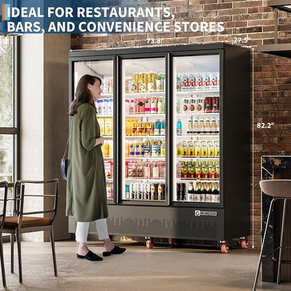 52.9 Cu.Ft Commercial Display Refrigerator,Glass Door Beverage Cooler with Adjustable Shelves,LED Lighting & Advertising Panel, Mobile Design,
