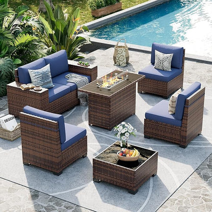 UDPATIO Patio Furniture Set with Fire Pit Table, 8 Inch Armrest 7 Piece Outdoor Sectional Sofas, All-Weather Wicker Conversation for Garden, Backyard, Brown/Navy Blue