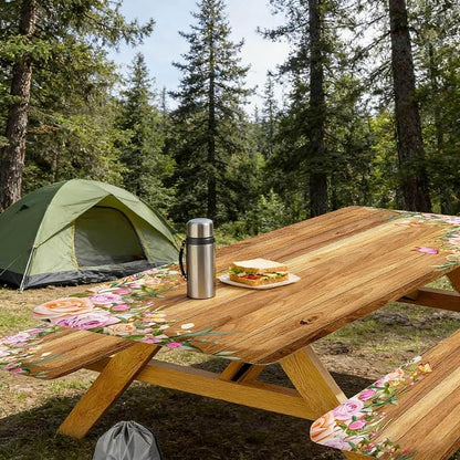 Camper Picnic Table Cover with Bench Covers Elastic Edges, Wooden Camper Fitted Table Cover, Outdoor Patio Camping Essentials 96 Inch 3PCS, Waterproof Camping Fitted Tablecloth with Drawstring Bag