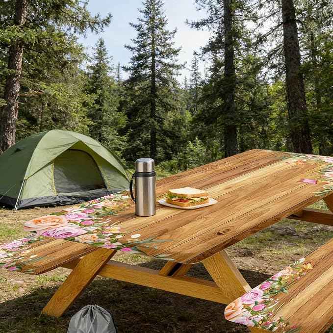 Camper Picnic Table Cover with Bench Covers Elastic Edges, Wooden Camper Fitted Table Cover, Outdoor Patio Camping Essentials 60 Inch 3PCS, Waterproof Camping Fitted Tablecloth with Drawstring Bag