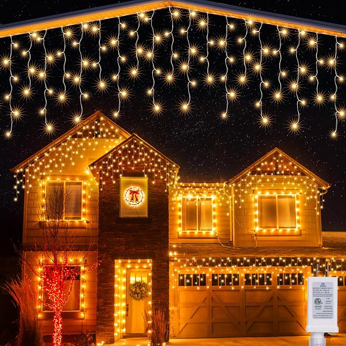 Joomer 66FT Christmas Icicle Lights Outdoor Non-Connectable Warm White | 100 Drops 8 Modes Timer Waterproof Plug-in String Light for Christmas Party, holiday Eaves Roof Xmas Decorations
