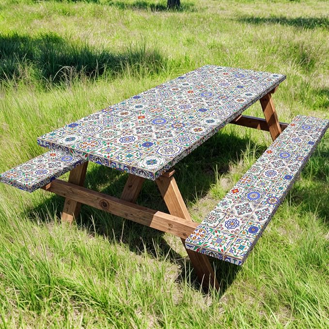Picnic Table Cover with Bench Covers, Camping Essentials, Buffalo Plaid Waterproof Windproof Camping Tablecloth, Fitted Tablecloth Cover with Elastic Edge, for Garden & Outdoor, 3 PCS, 30x60 Inch