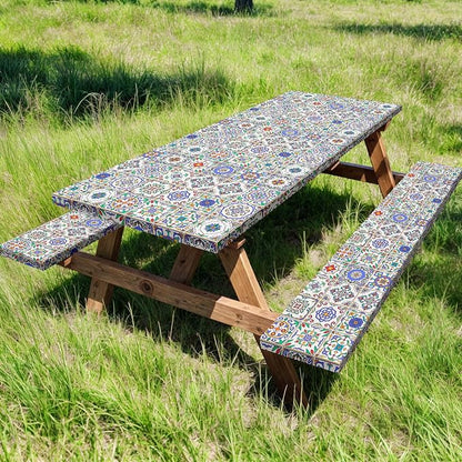 Picnic Table Cover with Bench Covers, Camping Essentials, Buffalo Plaid Waterproof Windproof Camping Tablecloth, Fitted Tablecloth Cover with Elastic Edge, for Garden & Outdoor, 3 PCS, 30x96 Inch