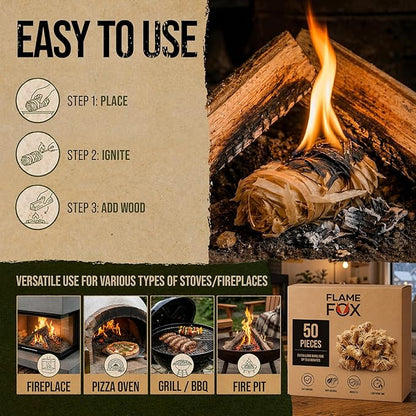 FlameFox Fire Starters 50 pcs – Natural Wood Wool Tumbleweed Fire Starter – Odorless Long Burning and Eco Friendly Firestarters – for Fireplace, Campfire, Grill, BBQ, Charcoal, Wood Stove & Fire Pit