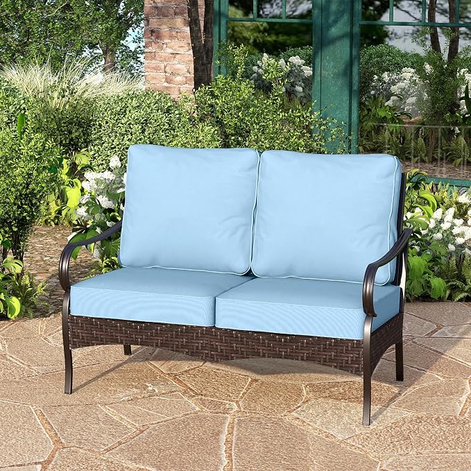 PHI VILLA Wicker & Metal Outdoor 2-Seat Patio Couch,Patio Sofa Loveseat with Deep Seating for Front Porch, Deck, Balcony, Backyard, Sunroom,Blue