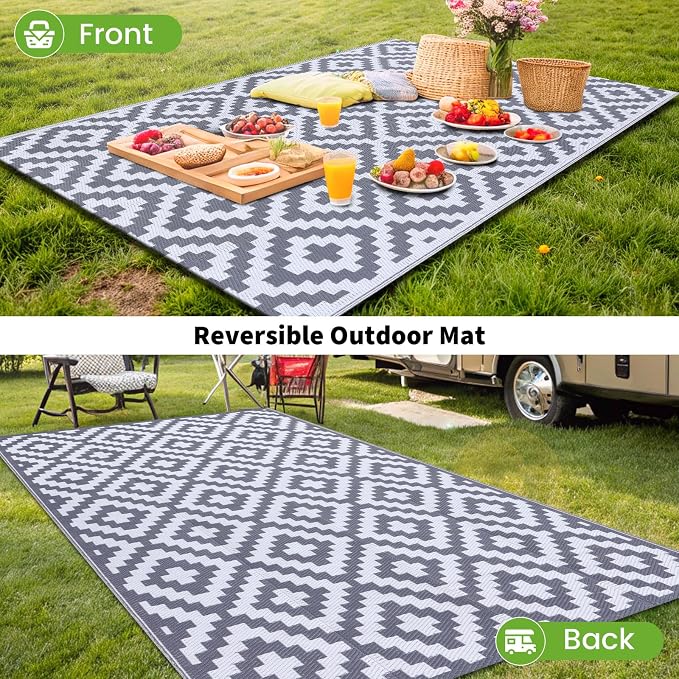 Smiry Outdoor Rug 9x18 ft Waterproof Reversible Boho Mat, White & Grey | Polypropylene Plastic Straw, Quick Drying, Lightweight Foldable, for Patio, Deck, RV Camping, Backyard and Indoor Outdoor Use