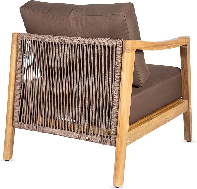 Christopher Knight Home Seward Acacia Wood Lounge Chair Outdoor with Removable Cushion, Solid Wood Patio Accent Chair with Rope Backrest, Patio Outdoor Armchair, Teak+Bown