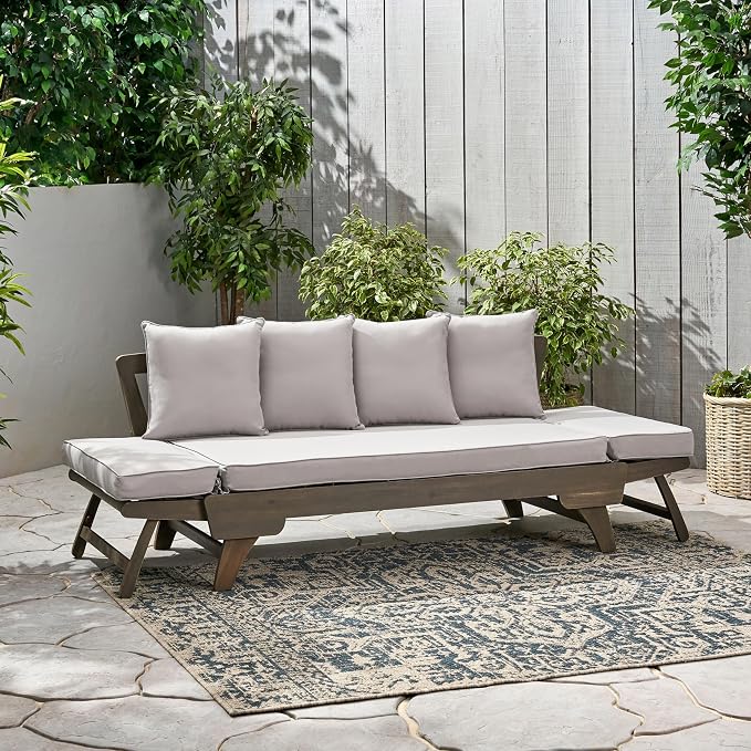 Christopher Knight Home Gary Patio Convertible Couch, Wooden Outdoor Daybed, 3-Seater Acacia Wood Patio Furniture Lounge Sofa for Backyard/Poolside/Garden, Back Pillow+Removable Cushion, Grey