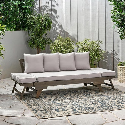 Christopher Knight Home Gary Patio Convertible Couch, Wooden Outdoor Daybed, 3-Seater Acacia Wood Patio Furniture Lounge Sofa for Backyard/Poolside/Garden, Back Pillow+Removable Cushion, Grey