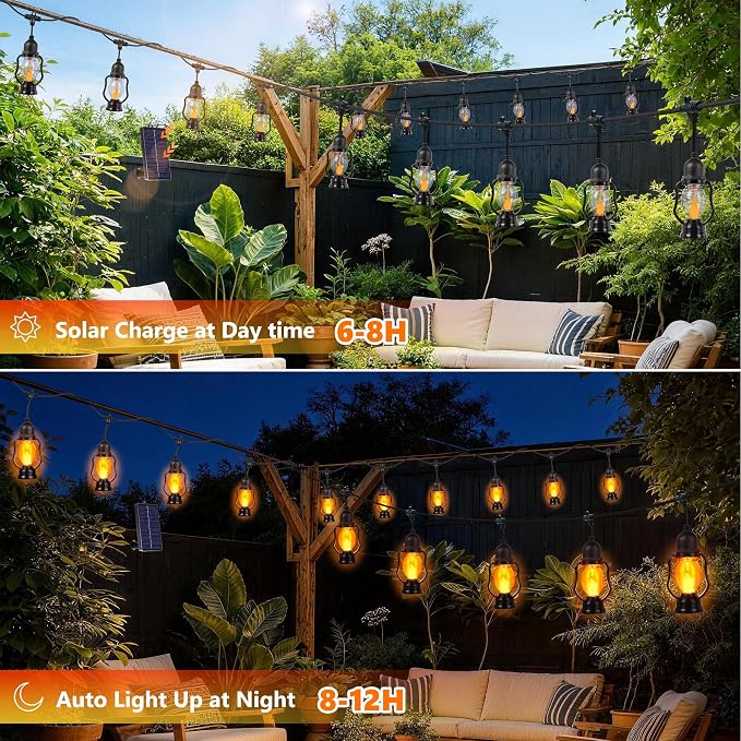 Solar Flame String Lights Outdoor, 29FT Solar Halloween Light with 15 Bulbs | Flickering Flame, Waterproof Solar Powered Outdoor Lights for Yard Patio Bistro Porch Garden Home Halloween Decorations