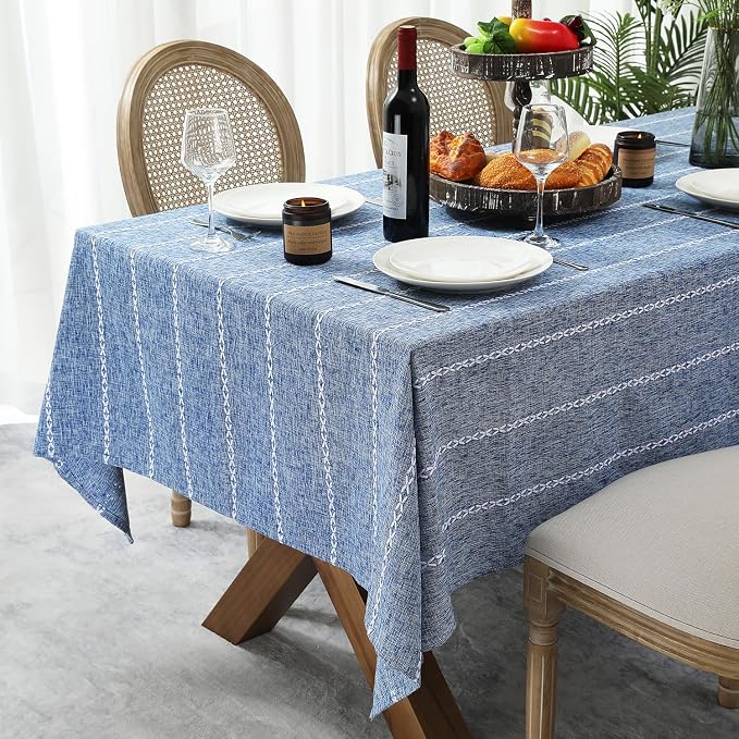 Chassic Rectangle Tablecloth 54 x 72 Inch, Farmhouse Boho Linen Table Cloths, Wrinkle Free & Washable Tablecloths for Small Dining Tables, Summer Kitchen Decor – Blue