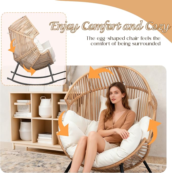 Shintenchi Egg Chair Outdoor, Oversized Outdoor Indoor Wicker Rocking Chair, Large PE Rattan Egg Rocking Chair with Cushion for Patio, Balcony, Backyard, Garden, Beige