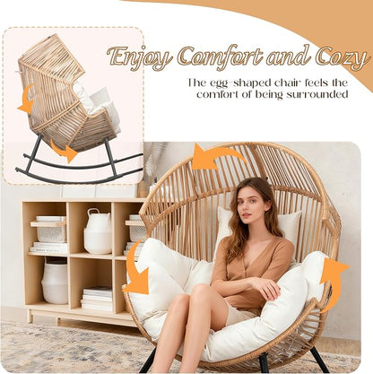 Shintenchi Egg Chair Outdoor, Oversized Outdoor Indoor Wicker Rocking Chair, Large PE Rattan Egg Rocking Chair with Cushion for Patio, Balcony, Backyard, Garden, Beige