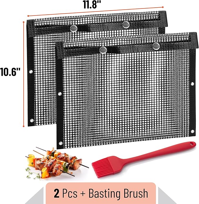 UNCO BBQ Grilling Bags, 2 Pack, 11.8"x10.6", Mesh Grill Bags with Basting Brush, Easy to Clean, Reusable Mesh Barbecue Pouch