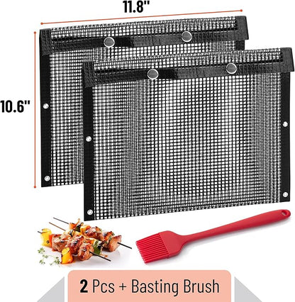 UNCO BBQ Grilling Bags, 2 Pack, 11.8"x10.6", Mesh Grill Bags with Basting Brush, Easy to Clean, Reusable Mesh Barbecue Pouch