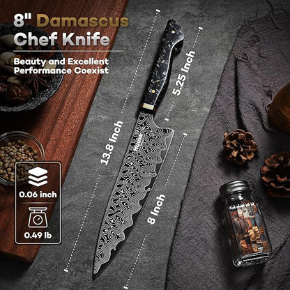 Huusk Damascus Chef Knife 8 Inch, Super Sharp Damascus VG-10 Japanese Kitchen Knife, Professional Cooking Knives with Ergonomic Resin Handle, Ideal Gift for Men and Women