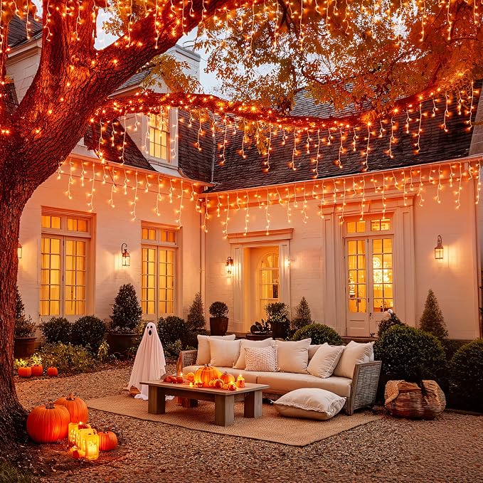JMEXSUSS Orange Halloween Lights Outdoor, 38.8 FT 400 LED | Connectable Icicle Lights Waterproof, 8 Modes Strings Lights Plug in for Fireplace Patio Fall Halloween Decor