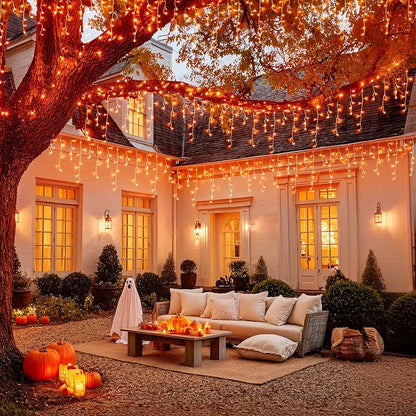 JMEXSUSS Orange Halloween Lights Outdoor, 38.8 FT 400 LED | Connectable Icicle Lights Waterproof, 8 Modes Strings Lights Plug in for Fireplace Patio Fall Halloween Decor