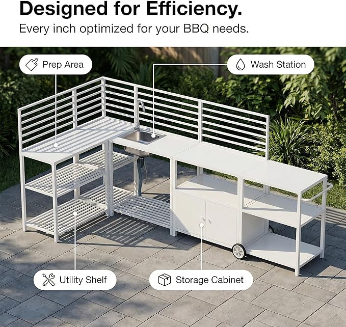 Vikiullf Aluminum Modular Outdoor Kitchen Island with Stainless Steel Sink, Movable Cart and Storage Cabinet, for Backyard BBQ, Porch Party (White Corner)