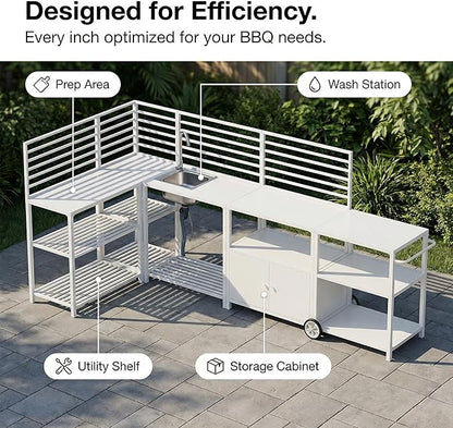 Vikiullf Aluminum Modular Outdoor Kitchen Island with Stainless Steel Sink, Movable Cart and Storage Cabinet, for Backyard BBQ, Porch Party (White Corner)