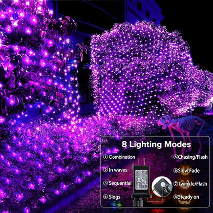 BlcTec Halloween Net Lights, 200 LED 8.4ft x 5.2ft Purple Halloween Lights with 8 Modes, Timer, Connectable, Waterproof and Green Wire Design for Trees, Bushes Outdoor Decorations
