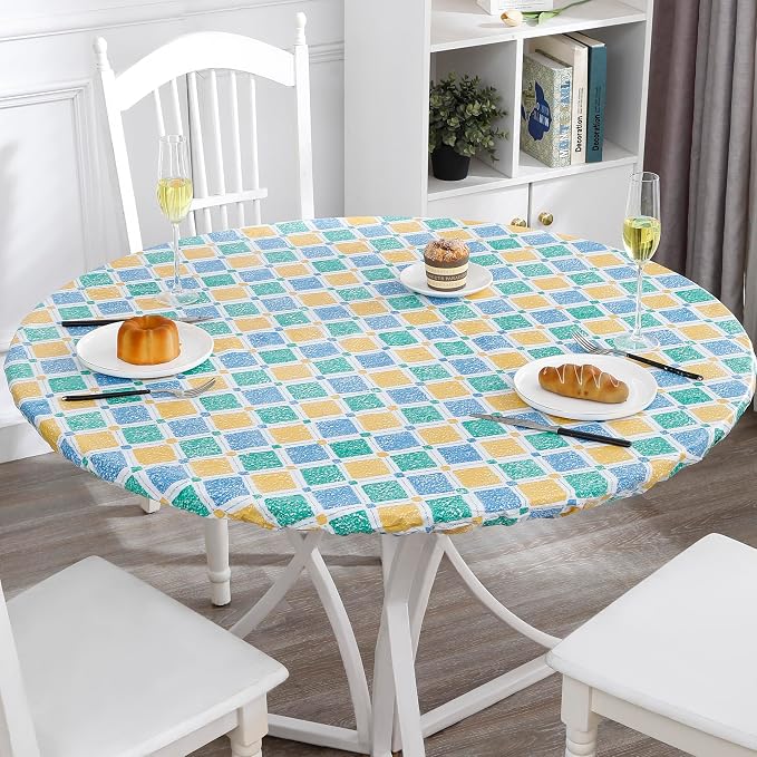 Walrus Round Vinyl Fitted Tablecloth with Flannel Backing Elastic Edge Design Table Cover Waterproof Oil-Proof PVC Table Cloth Stain-Resistant Best for 32"-36" Round