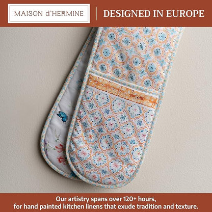 Maison d' Hermine Double Oven Mitts 100% Cotton 7"x35" Double Oven Mitt Heat Resistant BBQ Cooking Gloves with Loop Baking Grilling Kitchen Hotel Home Farmhouse Spring Summer (Summer Whisper)