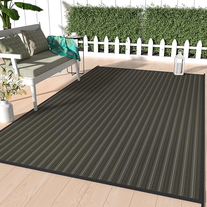 GENIMO Outdoor Rug, Waterproof Plastic Rugs for Patio, 5'x8' Ebony Brown | Outside Larger Modern Carpet Mat for Porch Decor, Deck, Balcony, Camping, RV, Backyard, Picnic, Beach, Reversible, Foldable