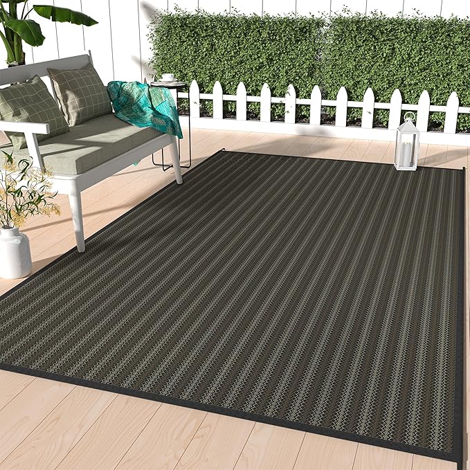 GENIMO Outdoor Rug, Waterproof Plastic Rugs for Patio, 9'x12' Ebony Brown | Outside Larger Modern Carpet Mat for Porch Decor, Deck, Balcony, Camping, RV, Backyard, Picnic, Beach, Reversible, Foldable