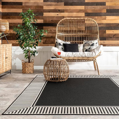 Nuloom Asha Black/Ivory, 8' x 10', Casual, Striped Border, Soft and Cozy, High Traffic, Stain Resistant, Easy Clean, Durable Area Rug for Indoor/Outdoor Patio, Deck, Porch, Garden, Courtyard