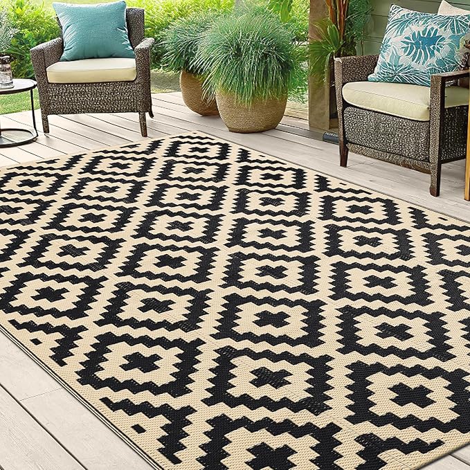 Smiry Outdoor Rug 5x8 ft Waterproof Reversible Boho Mat, Black & Beige | Polypropylene Plastic Straw, Quick Drying, Lightweight Foldable, for Patio, Deck, RV Camping, Backyard and Indoor Outdoor Use