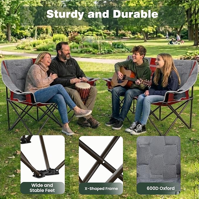 SUNNYFEEL Folding Double Camping Chair Oversized Loveseat for Adults | 600LBS Heavy Duty Padded Camping Couch with Cup Holder, Storage Pockets & Carry Bag for Patio RV/ Lawn/ Backyard